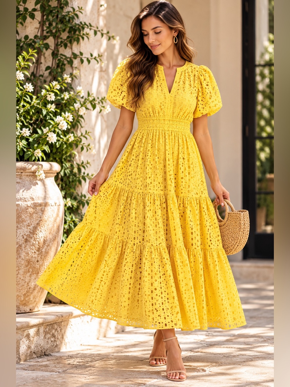 PRETTYGARDEN Yellow Eyelet Puff Sleeve Tiered Midi Dress M